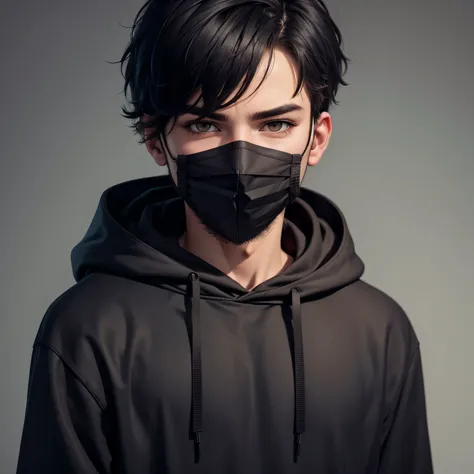 Man, black hoodie, masker, dark eyes, staring, short hair