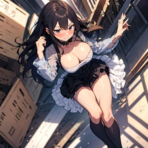 (solo), (1 skinny girl standing), huge breasts, very short torso, skinny narrow waist, skinny long legs, BREAK, frilled layered dress, cleavage, inconceivably wiry corset cinches waist too tight, frilled too short skirt, thigh gap, black thighhighs, stilet...