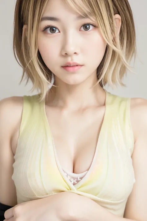 beautiful japanese woman、1 person,Very pretty and slim、outstanding style 、((8K image、super high quality))、Very delicate face, Skin and Hair、short hair、straggling hair,(((((((gradient hair、blonde))))))),Very cute Japanese face、Eyes and nose are clearly visi...