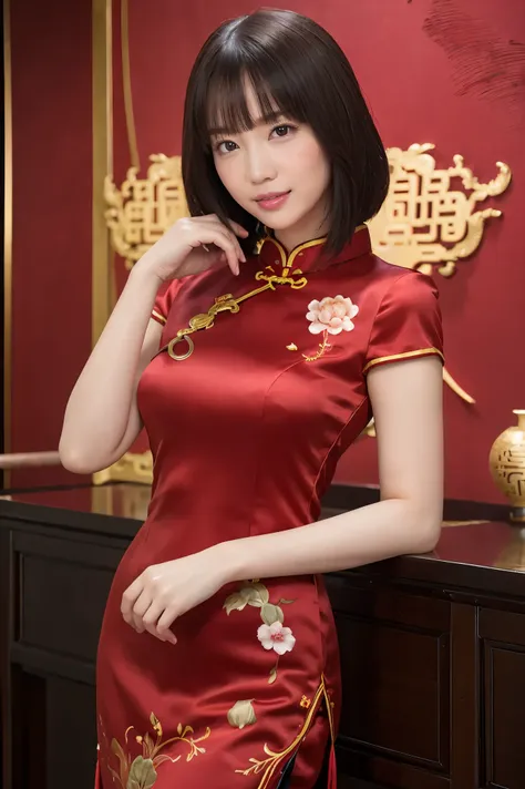 (highest quality、Tabletop、8k、Best image quality、Award-winning works)、Chinese Beauty、(The most luxurious and gorgeous high-end cheongsam:1.2)、Girl portrait photography、Glowing Skin、Brown Hair、Standing Elegantly、(Beautiful wall background with the most gorge...