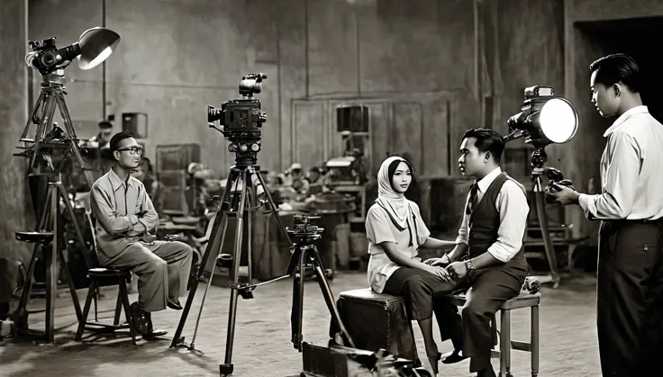 in 1930 malay film production ((behind the scene)), in set studios, romantic scene. cameraman using 1930s bnc 35mm film camera, ...