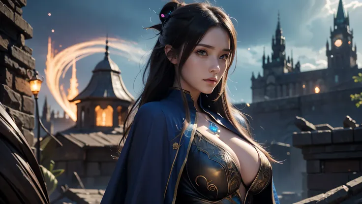 Close-up of female mage, Girl in robes, 2. 5D CGI anime fantasy artwork, Large Breasts，Epic fantasy digital art style, detailed Digital 2D fantasy art, Digital 2D fantasy art, Gorgeous female mage,Look at the camera，（glowing magic：1.7） Role Playing Game Ch...