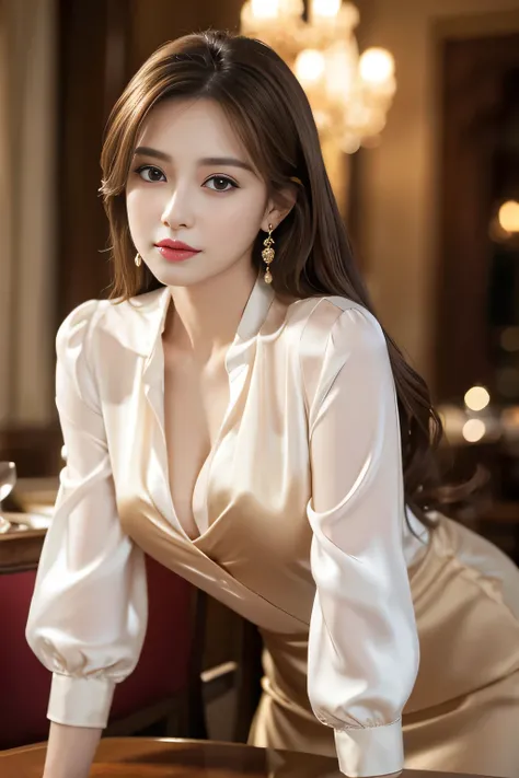 masterpiece, highest quality, Realistic, Very detailed, Finer details, High resolution, 8k wallpaper, One beautiful woman, Wear an elegant silk blouse, In a great restaurant, At night, Light brown messy hair, Perfect dynamic composition, Beautiful and beau...