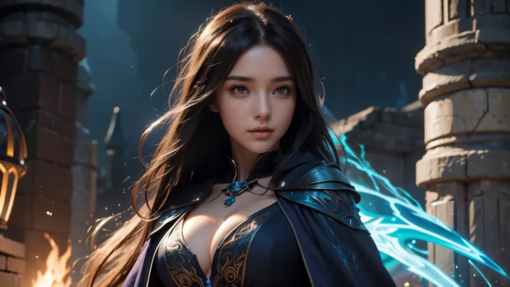 Close-up of female mage, Girl in robes, 2. 5D CGI anime fantasy artwork, Large Breasts，Epic fantasy digital art style, detailed Digital 2D fantasy art, Digital 2D fantasy art, Gorgeous female mage,Look at the camera，（glowing magic：1.7） Role Playing Game Ch...