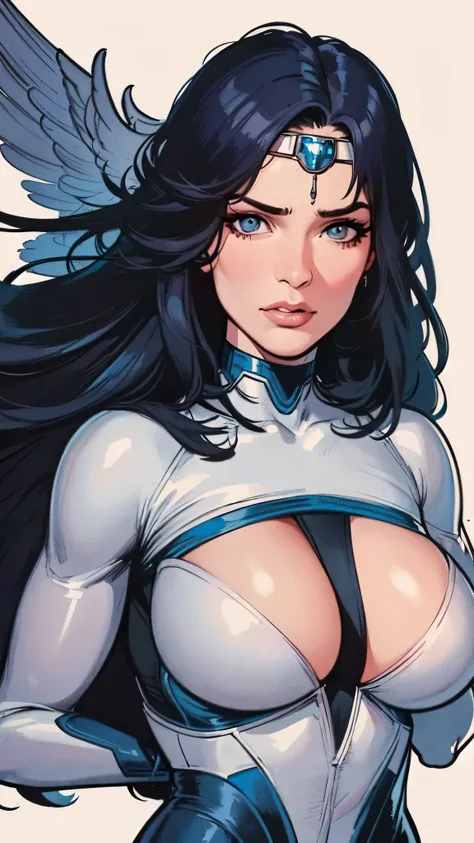 masterpiece,extremely beautiful woman,Excellent sense,(((perfect very white background))),American Comics,(((The Perfect One Woman))),(((one person))),colorful,Highly detailed perfect upper body,highly detailed face,near future,SF,