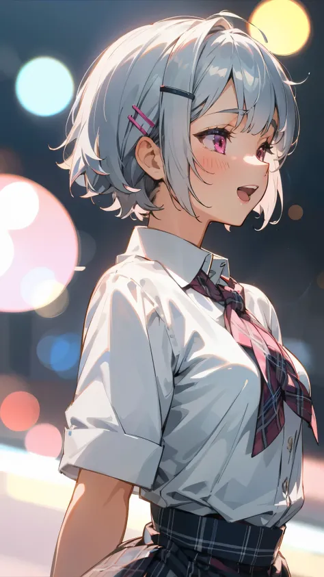 1 girl、8k、Sharp focus、(Bokeh) (highest quality) (Detailed skin:1.3) (Intricate details) (anime)、Silver short hair and bob hair、Tie your hair up with a hair clip、Pink Eyes、white blouse shirt、Tartan Check Skirt、profile、Upper body close-up、smile、Please open y...