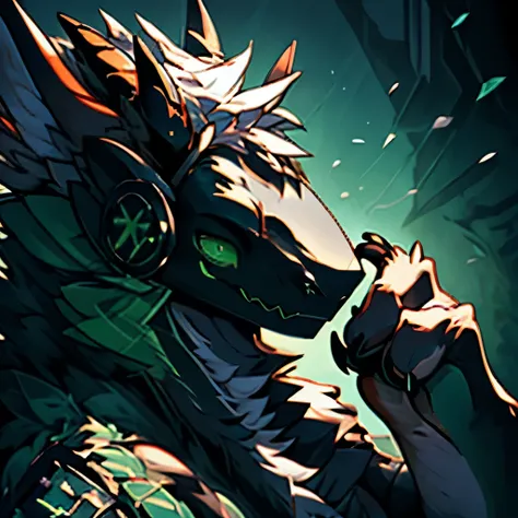 a young male anthropomorphic black and green dragon with a close-up sideways view, detailed eyes, nose, and mouth, white headphones with hearts, detailed scales, muscular build, claws, horns, fantasy creature, cryptid, anthropomorphic art, fursona, hyper d...