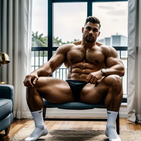 full view full body, one handsome white shirtless massive beefy brutish white bodybuilder with short light-brown undercut hair, thick rounded muscular thighs, buzz cut, tight jeans, white socks and black doc martens tassel loafers, silver rings, original c...