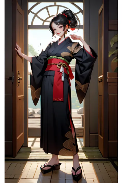 ((best quality)), ((masterpiece)), (detailed), standing girl, full body, (wearing black kimono with red obi sash), fashion showcase, arm held out to show sleeve, japanese style interior, warm atmosphere, smile, anime concept art style, (correct anatomy)