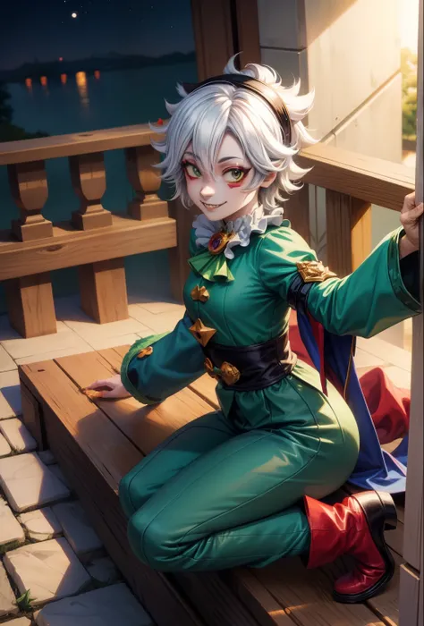 anime style, man character, jester, green jester outfit, clown, painted face, macabre smile, red boots, mysterious, the night, perfect face, well-defined face, detailed face