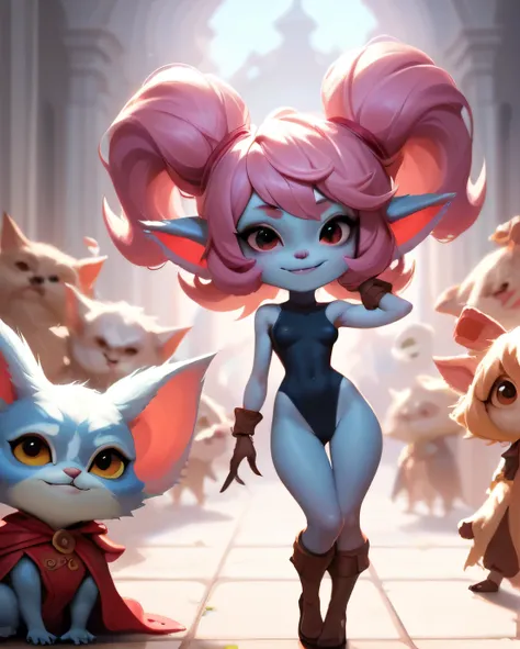 score_9, score_8_up, score_7_up, score_6_up, score_5_up, score_4_up, pink purpple yordle female, a dubious little creature getting up to mischief,cute,pretty,attrative,seminua,4yordles, slender,thin,