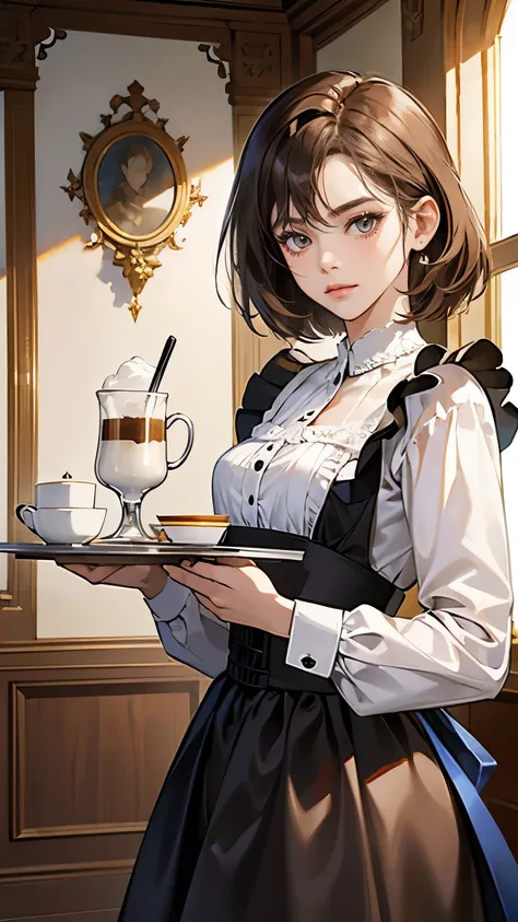 (masterpiece, High resolution,Super detailed:1.0),1 girl,Young and beautiful woman,Eyes staring at the camera,Perfect female body, Highly detailed CG,unity 8k wallpaper，Intricate details, The only person, (Short brown hair,Maid clothes,Serious expression,T...