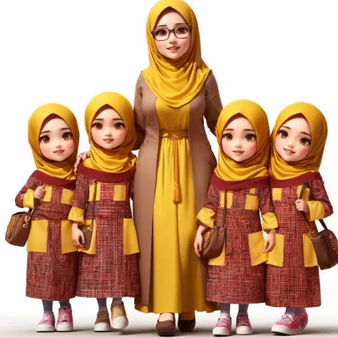 muslim family dressed in traditional clothing and hijab pose for a photo, with yellow cloths, perfect android girl family, hijab, happy family, muslim, mother, inspired by JoWOnder, teacher, hana alisa omer, islamic, cartoon style illustration, style of ca...