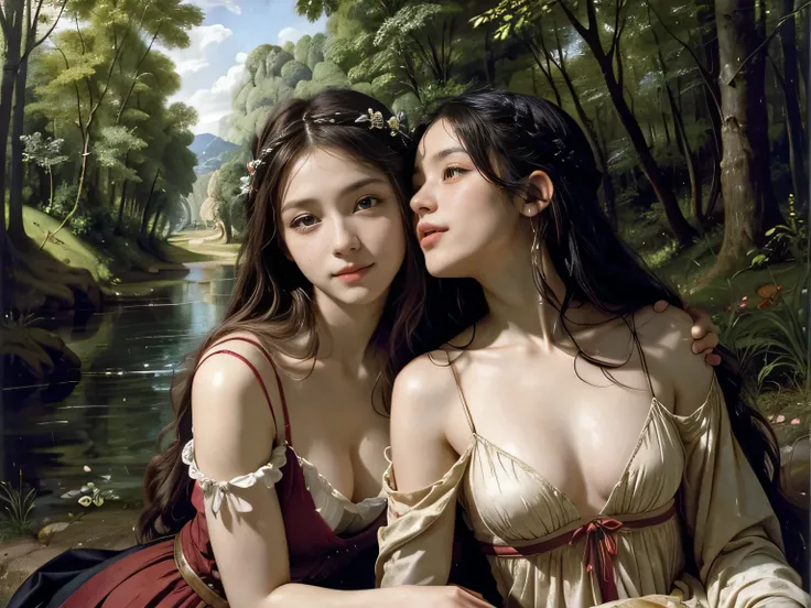 Giorgione painting style,Barbizon forest A beautiful woman in Greek dress smiles on the shore,Sweet and seductive appearance.、Caravaggios paintings、Chiaroscuro of Caravaggio、hair tousled by the wind,Two women frolicking,cute smile, expression of ecstasy,Se...