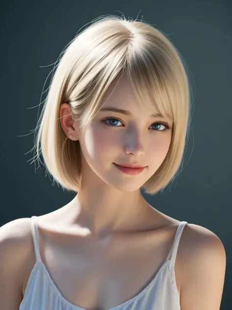 (looking away:1.4), upper body shot, Realistic digital painting of a woman portrait, Shy,  Cute Smile, blue eyes, short hair, (Soft Blonde Hair:1.3), (Highly detailed skin:1.2), Mystical style, Global Illumination,