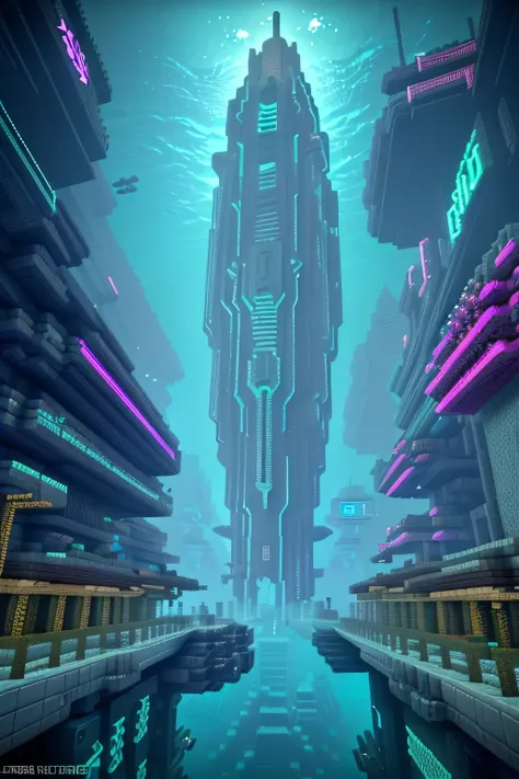 A highly detailed, realistic, and futuristic underwater city in Minecraft, a vast futuristic metropolis with intricate architecture, glowing neon lights, advanced technology, floating platforms, transparent domes, and bioluminescent aquatic life, (best qua...