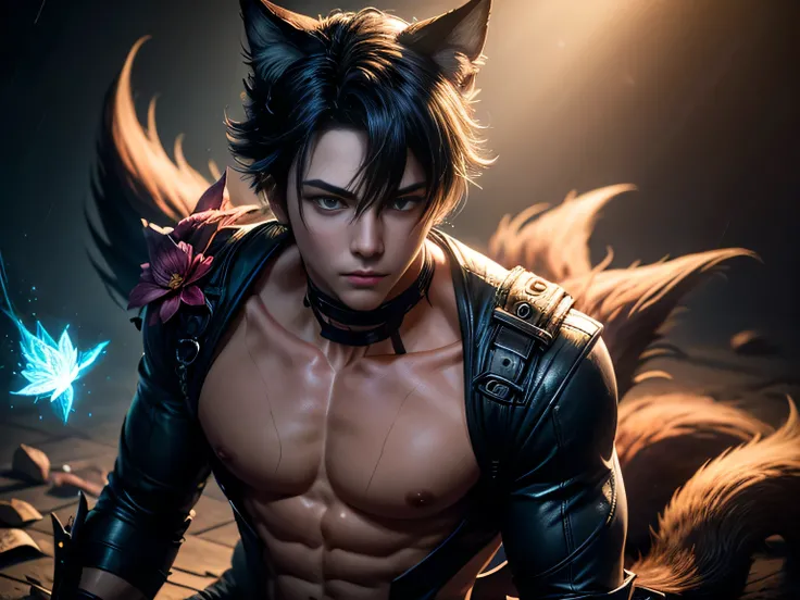 (Best Quality, 8K, Masterpiece, HDR, Soft Lighting, Picture Perfect, Realistic, Vivid), Nine Tails of a Black Fox (1.0), Tail of a Black Fox (1.0), Nine-Tailed Fox, Guy Fox with Black Hair and Blue Suit Sexy open leather suit, naked torso with developed bo...