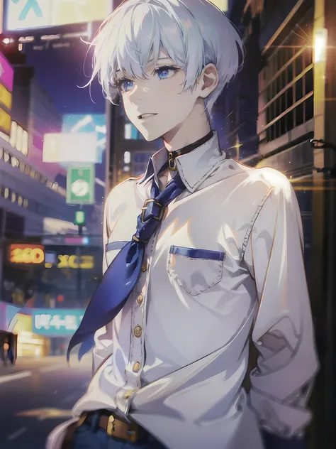 a young boy, 16 years old, ((1 man:1.0)),  student, short fluffy white hair, beautiful blue eyes, pale skin, wearing white shirt...