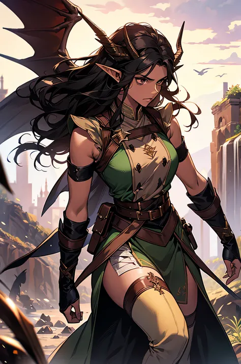 adult, brown skin, sexy, older woman, serious, tall, brown skin, single dragon wing, black hair, elf ears, mismatch horns, queen, fantasy, swords, sleeveless, dark, one wing, battle, war, army