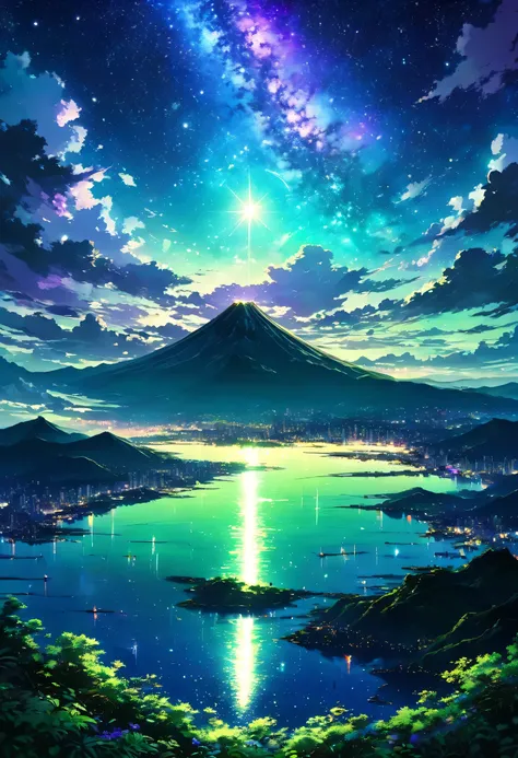 Night Sky, Tokyo,starsky, milky way, star, stardust, milky way, star cloud, star group, Stream star, Celestial Bodies Observation, horizon, silhouette, Mountain, Ocean, lake, City lights, Gradation, green, ultramarine, green, purple, black, darkness, myste...
