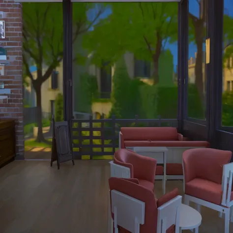 there is a room with lots of furniture and a big window, le tout dans une vue imprenable sur l&#39;Outside, cozy cafe background, les sims 4 texture, capture d&#39;screen sims 4, jeu vidéo encore, Realistic scene, restaurant!, Detailed environment, Belle c...