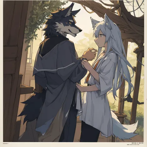 High-quality illustrations, doujinshi cover_page, highres, absurdres, The story of the meeting of a girl and a wolf,