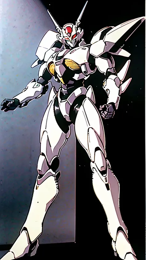 Humanoid Mecha, fully enclosed shoulder guards, matching arm and leg guards, full body, full armor, the design balances heavy with agility, (the color scheme is primarily white with red and blue accents, the concept Inspired by Super robot, organic biotech...