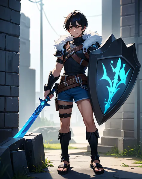 Young Teen boy with black hair and brown eyes, innocent and happy, scantily dressed in short neon-blue blue medieval barbarian clothes, fur shorts, light-blue battle armor, weilding silver sword and shield, sandals; fullbody; short hair, boyish athletic, s...