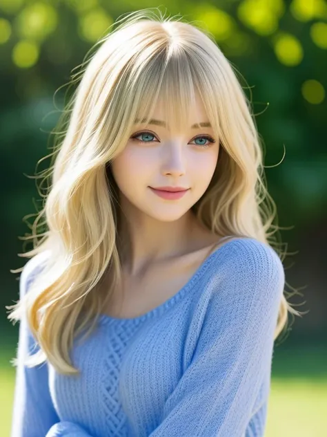 (looking away:1.4), (upper body shot:1.2), Realistic digital painting of a woman portrait, Shy,  Cute Smile, blue eyes,  (Wavy medium Hair:1.1), (Blonde Hair:1.3), bangs, (Highly detailed skin:1.2), Mystical style, Global Illumination, sweater