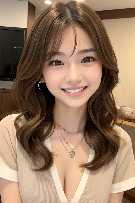 １９Young Woman of Age、 Japanese women、Light brown hair、Wavy Hair、short hair、ear piercing、Necklace around the neck、blouse、smile, Beautiful teeth alignment、Intricate details, Very detailed:1.2), 、 Looking into the camera,The background is in the room
