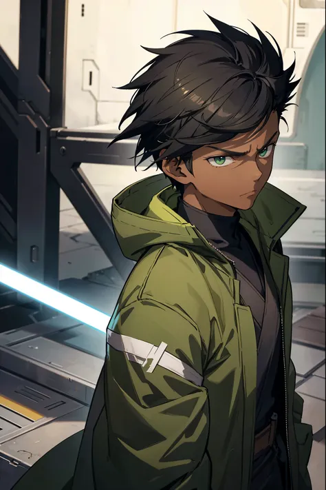 jedi boy, 1boy, black jedi robes, short spiky hair, rat tail hairstyle, brown skin, black hair, green eye color, dark green eyes...