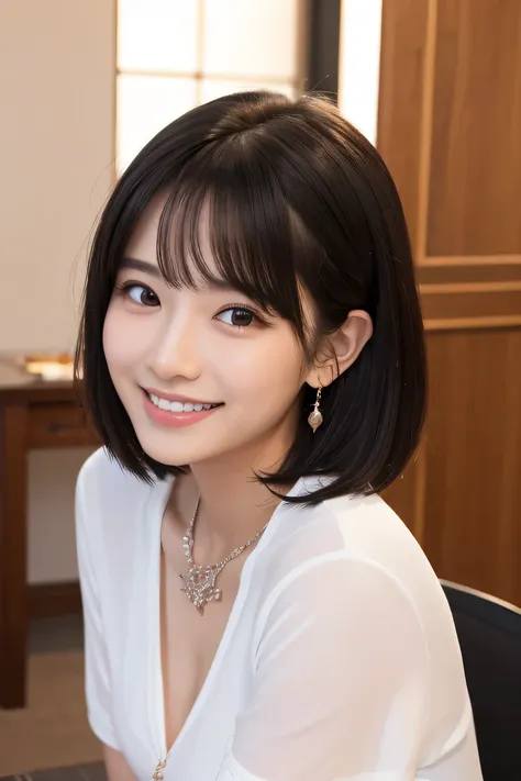 １９Young woman in age、 Japanese women、Black Hair、Wavy Hair、short hair、ear piercing、Necklace around the neck、blouse、smile, Beautiful teeth alignment、Intricate details, Very detailed:1.2), 、 Looking into the camera,The background is in the room
