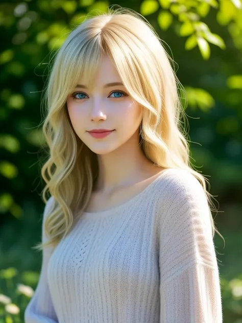 (looking away:1.4), (upper body shot:1.2), Realistic digital painting of a woman portrait, Shy,  Cute Smile, blue eyes,  (Wavy medium Hair:1.1), (Blonde Hair:1.3), (Highly detailed skin:1.2), Mystical style, Global Illumination, sweater