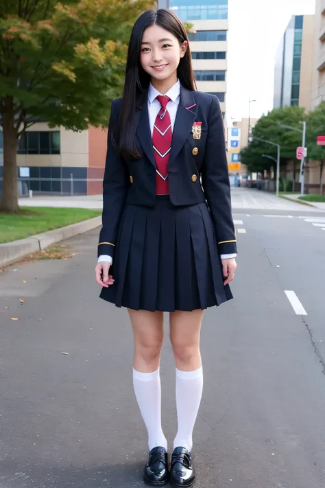 Standing in an empty schoolyard、Japanese high school girls、Long black hair、Cute idol-like face、In uniform、miling、Hands spread to the sides、Full body portrait