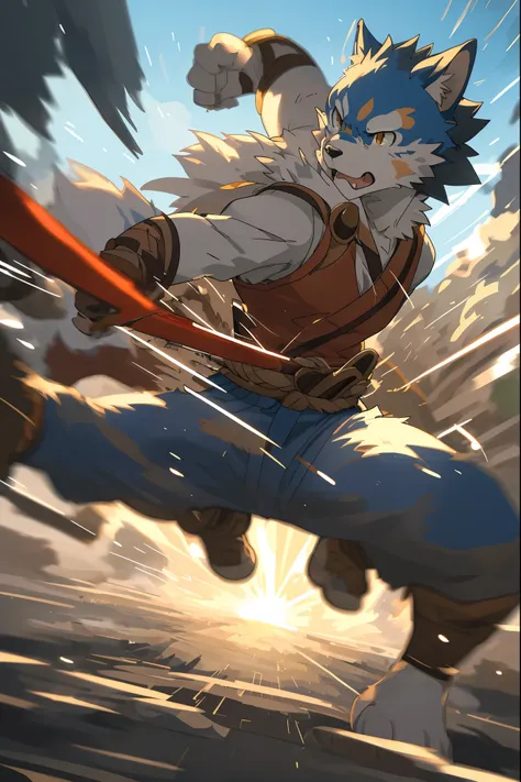 top quality, high-quality illustrations((masterpiece))depth of field, motion blur, absurdres, Perfect Anatomy, magnificent picture of kemono fighting fierce battles, kemono, Anthro((dramatic))epic, weapon, Acrobat, One scene of movie,