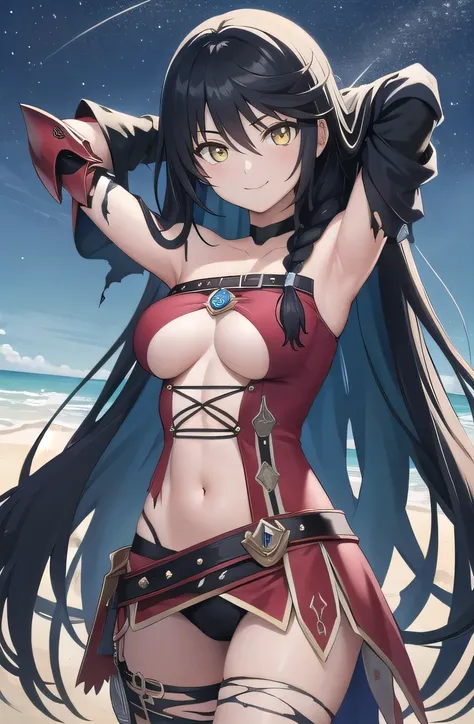 velvet_crowe, (masterpiece, best quality, detailed), 1girl, solo, looking at viewer, anime coloring, long hair, very long hair, medium breasts, choker, bandages, black choker, torn clothes, underboob, hair between eyes, bandaged arm, braid,
armor, breastpl...