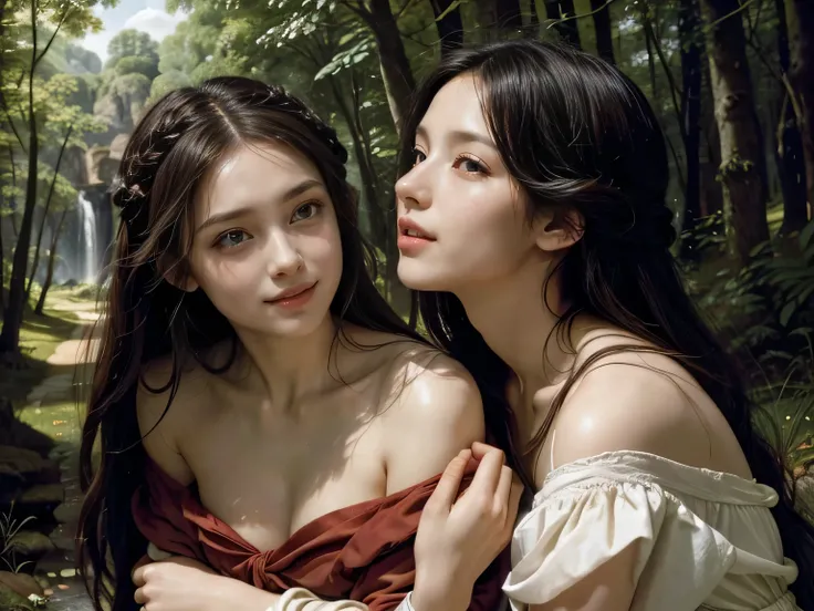 Giorgione painting style,Barbizon forest A beautiful woman in Greek dress smiles on the shore,Sweet and seductive appearance.、Caravaggios paintings、Chiaroscuro of Caravaggio、hair tousled by the wind,Two women frolicking,cute smile, expression of ecstasy,Se...