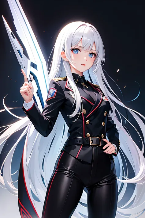 （（（highest quality、first-clasasterpiece、Normal body、8k、Detailed face、Ultra-precision、Normal hand、Normal finger、５Finger、Highest）））、beautiful girl、Silver Hair、Shortcuts、Uniform、Black belt、裸Uniform、Jacket only、Lower body nude