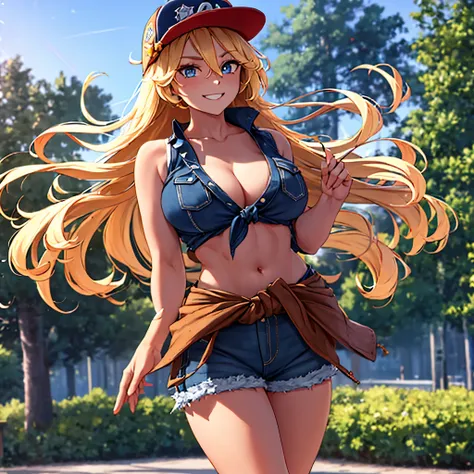 A woman wearing a white sleeveless shirt with a star design, blue eyes with a star symbol, wearing denim shorts, with a denim jacket tied around her waist, womens sneakers, long blonde hair, smiling, wearing a hat with the symbol of the United States, walk...