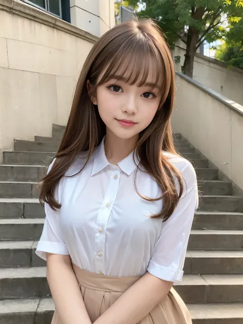 (16k, Surreal, masterpiece:1.30), Professional photography, (Woman standing on the school steps), Light Brown Hair, bangs, Long Hair, Sparkling eyes, Long eyelashes, Compensate, A light smile, Depth of written boundary, One person&#39;s perspective, close,...