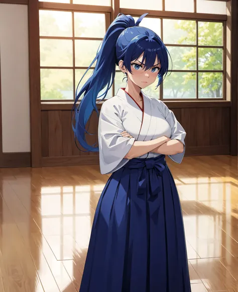 Angry expression、Cross your arms、（dojo、Flooring）、Standing posture、1 female、(Blue Hair、Ponytail)、(White hakama)、Ultra-detailed illustrations、Ultra-precision performance、masterpiece、highest quality、超High resolution、High resolution、