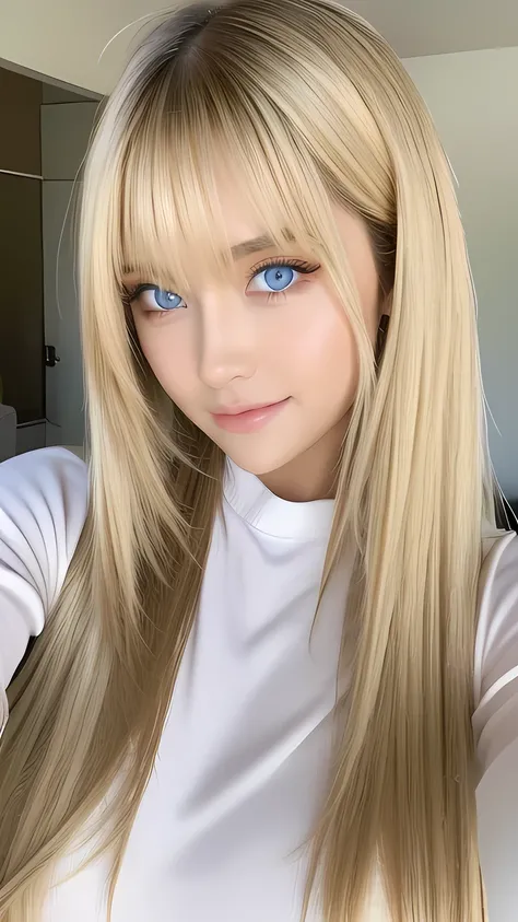 True Photo Quality、Extraordinary sexy beauty、Beautiful calm and bright expression、Sexy refreshing look、Long bangs that fall on a perfect beautiful cute face、Super long blonde straight silky hair、blonde on a beautiful face、Very cute beautiful sexy young lit...