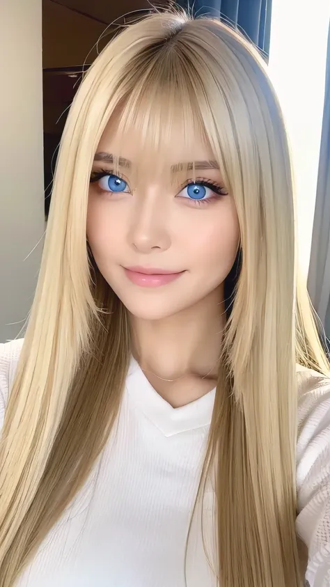 True Photo Quality、Extraordinary sexy beauty、Beautiful calm and bright expression、Sexy refreshing look、Long bangs that fall on a perfect beautiful cute face、Super long blonde straight silky hair、blonde on a beautiful face、Very cute beautiful sexy young lit...