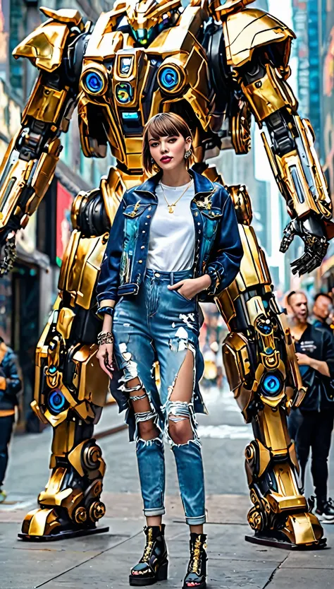 luxury boutique displaying gold jewelry (meticulously crafted with intricate detail)、 girl in trendy denim and jacket、casually s...