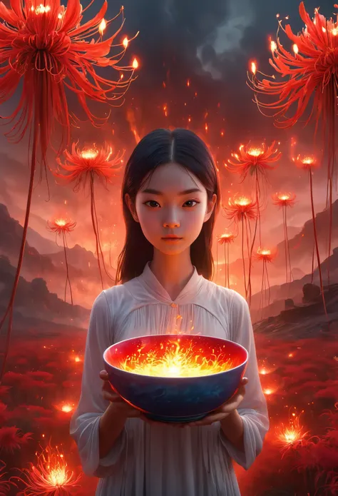 a girl holding a bowl in a fiery landscape, ghostly spirits, red spider lilies, hyperrealistic, 8k, extremely detailed, surreal, cinematic lighting, volumetric lighting, dramatic, atmospheric