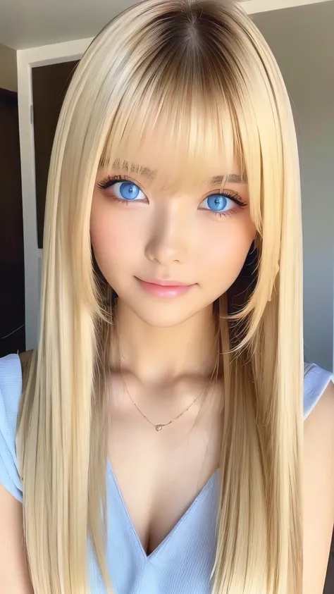 True Photo Quality、Extraordinary sexy beauty、Beautiful calm and bright expression、Sexy refreshing look、Long bangs that fall on a perfect beautiful cute face、Super long blonde straight silky hair、blonde on a beautiful face、Very cute beautiful sexy young lit...