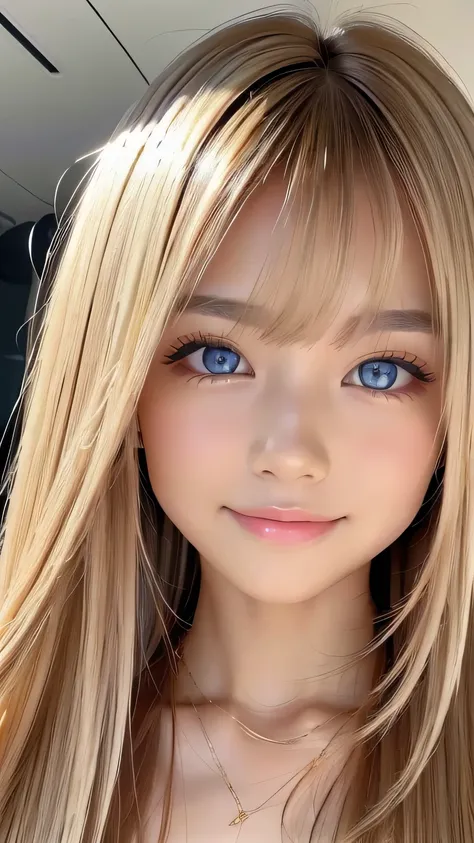 True Photo Quality、Extraordinary sexy beauty、Beautiful calm and bright expression、Sexy refreshing look、Long bangs that fall on a perfect beautiful cute face、Super long blonde straight silky hair、blonde on a beautiful face、Very cute beautiful sexy young lit...