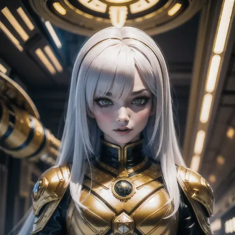 a close up of a person in a gold suit with a white hair, cyborg jd en, cyberpunk jiden, god emperor bdn, emperor b en, jden as a...