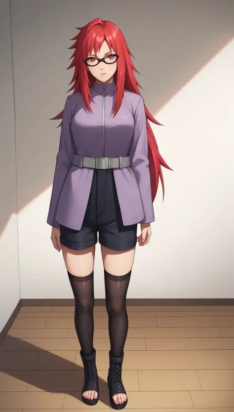 score_9, score_8_up, score_7_up, score_6_up, score_5_up, score_4_up, KarinUzumakiSXL, black glasses, red eyes, red hair, two-tone hair, long hair, sidelocks, medium breasts, purple jacket, grey belt, black shorts, black thighhighs, black footwear, toeless ...