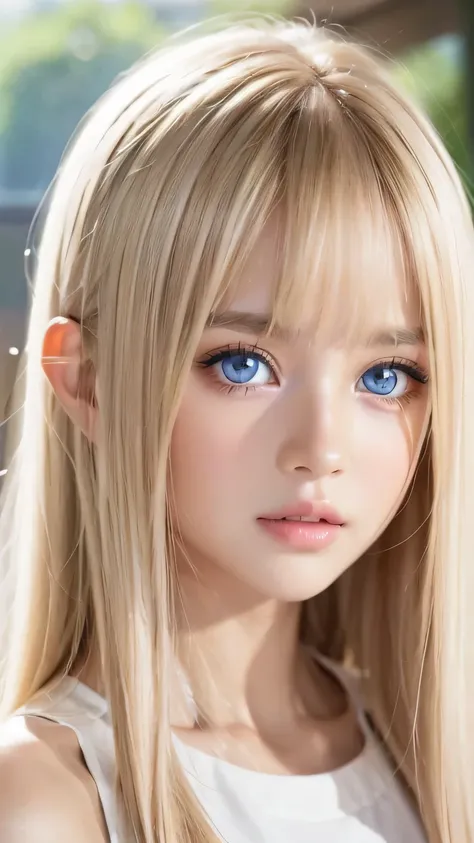 True Photo Quality、Extraordinary sexy beauty、Beautiful calm and bright expression、Sexy refreshing look、Long bangs that fall on a perfect beautiful cute face、Super long platinum blonde straight silky hair、blonde on a beautiful face、Very cute beautiful sexy ...
